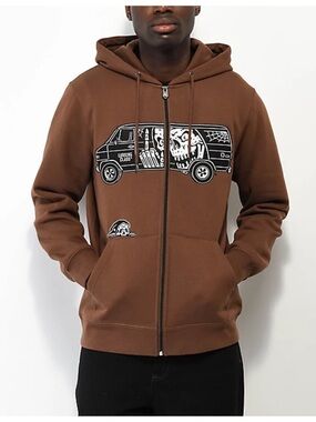 ZUMIEZ Men's Brown Graphic Zip-Up Hoodie Sweater
